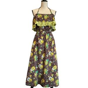 Vintage 70s Prairie Boho Cottagecore Floral Halter Maxi Dress | S/M